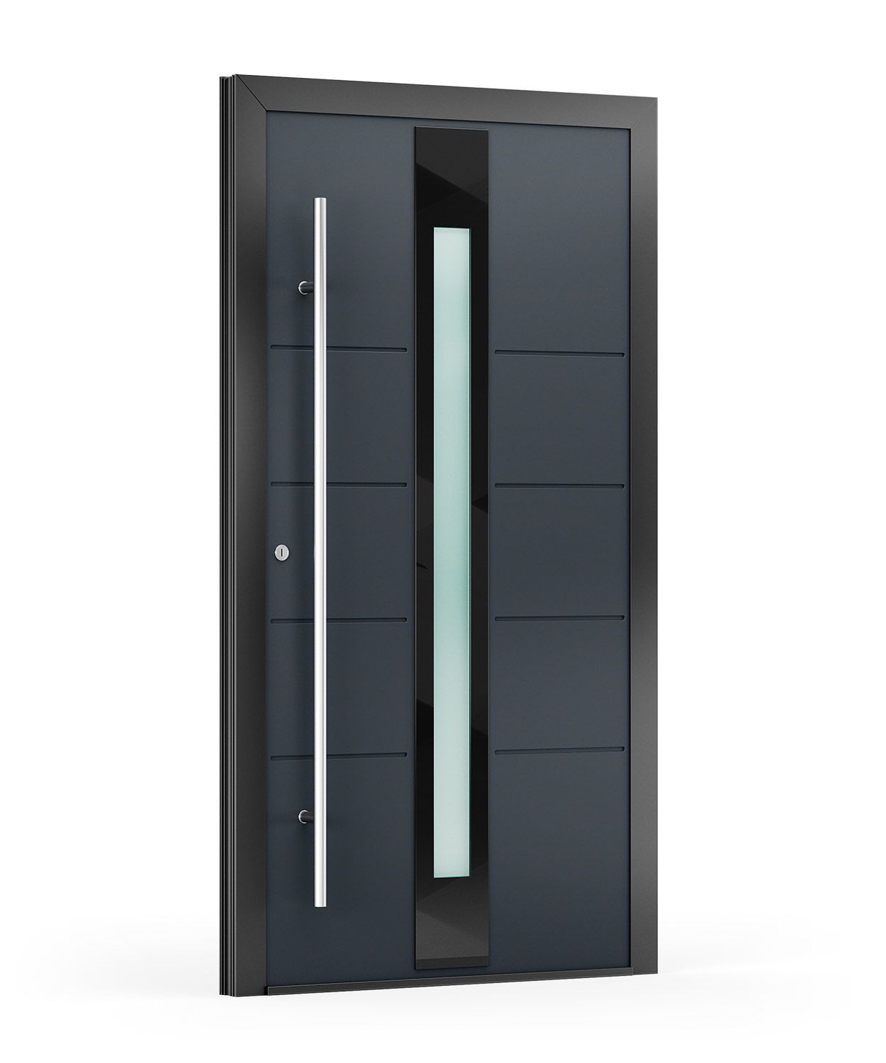 Dunkelgraue, moderne Eingangstür mit langem Griff und Milchglasscheibe.