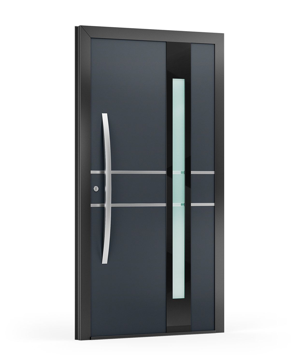 Moderne graue Haustür mit langem Griff und vertikaler Glasplatte.