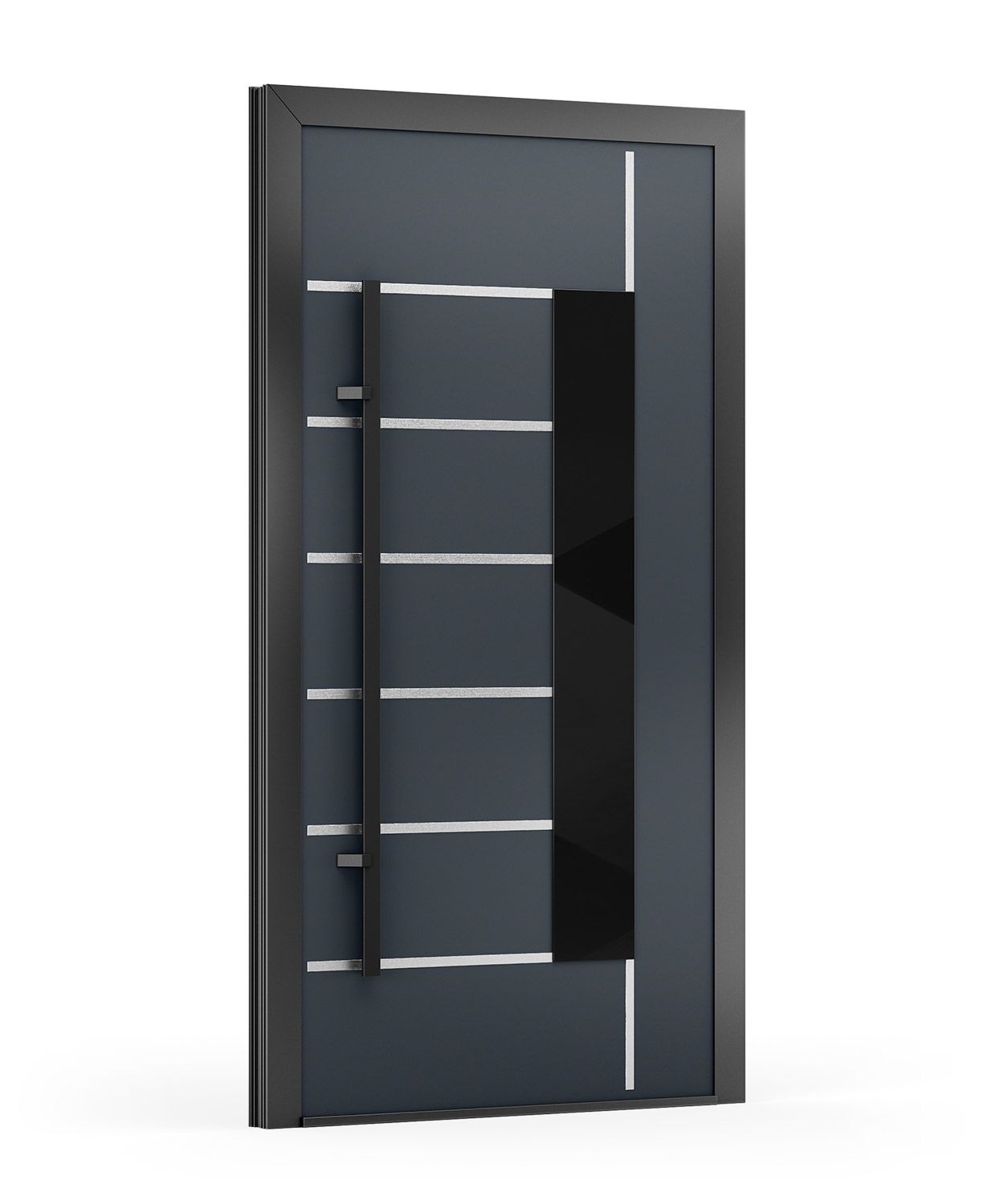 Moderne dunkelgraue Tür mit horizontalen weißen Streifen, schwarzem Griff und Rahmen.