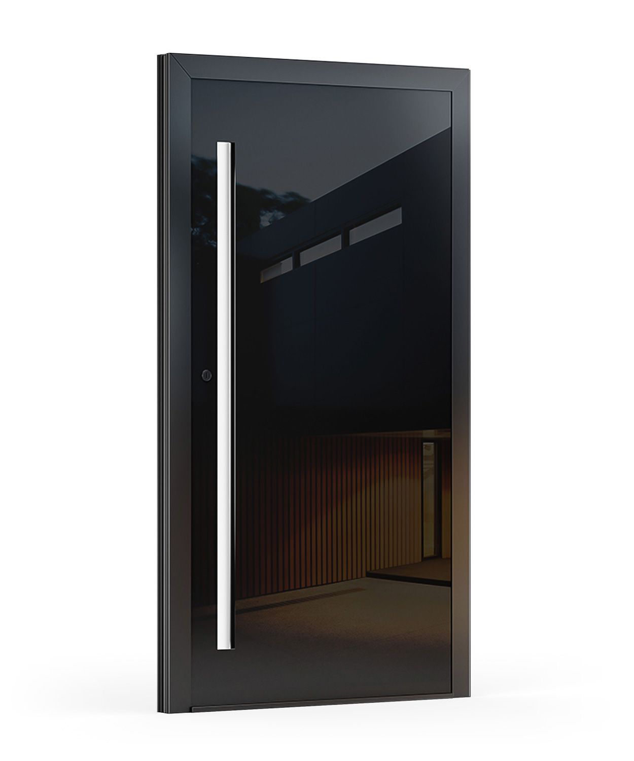 Schwarze, moderne Haustür mit langem, vertikalem, silbernem Griff.