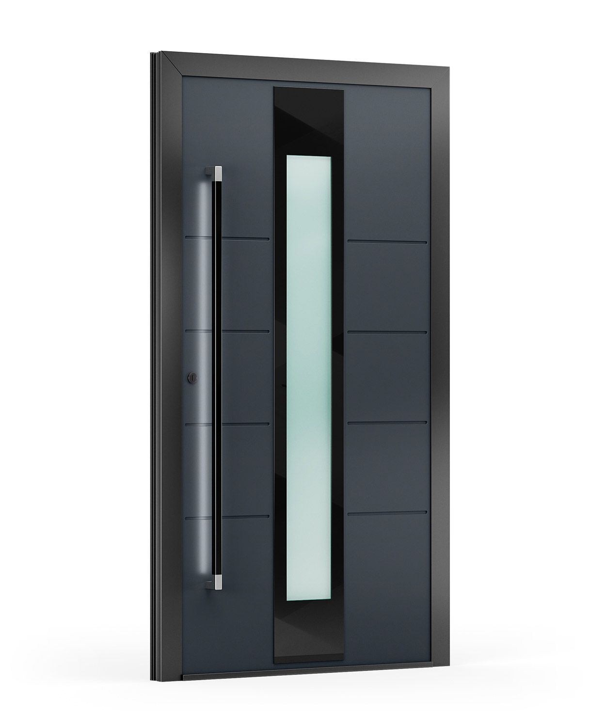 Moderne dunkelgraue Haustür mit langem silbernem Griff und Milchglasscheibe.