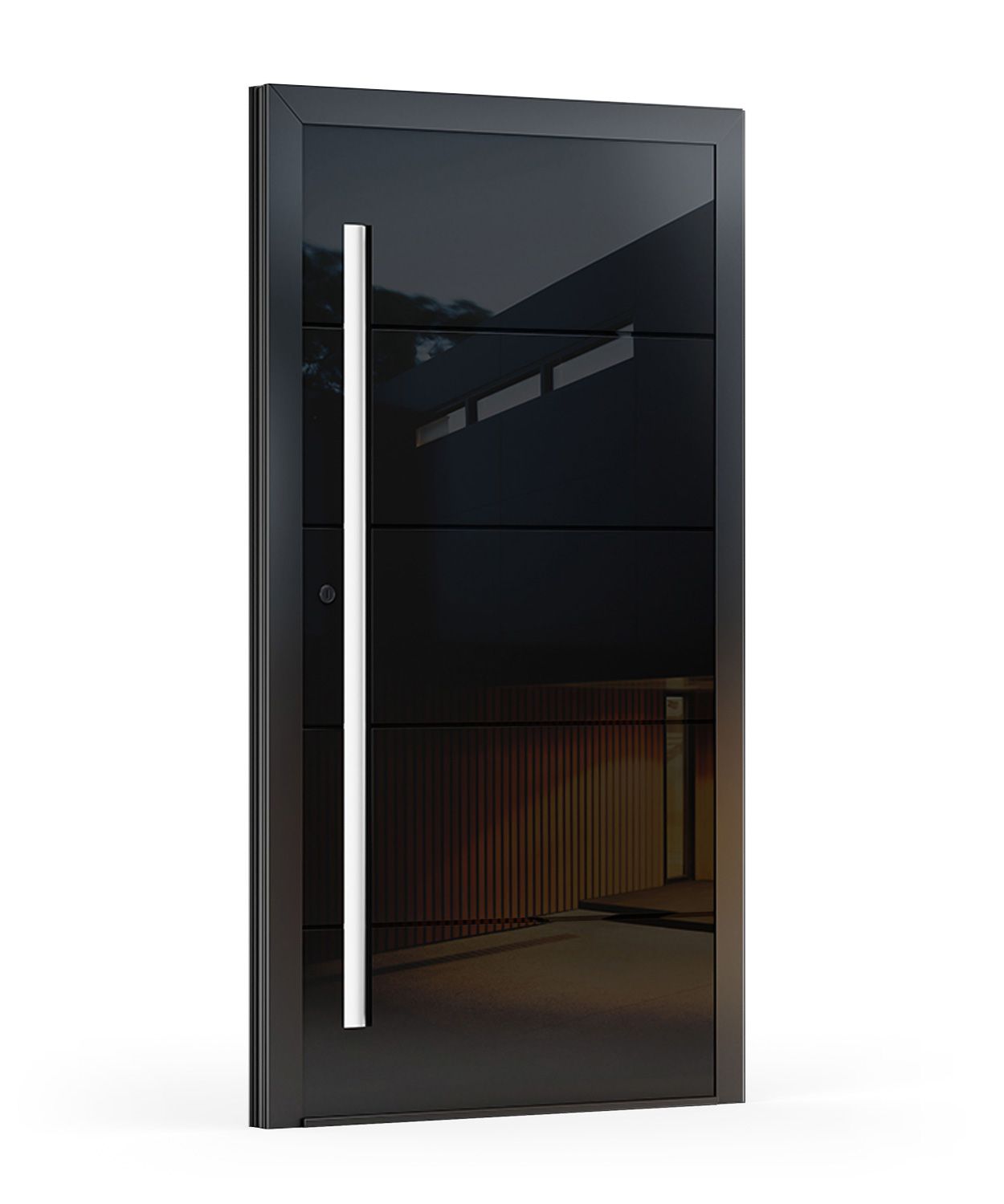 Schwarze moderne Haustür mit vertikalem silbernem Griff.