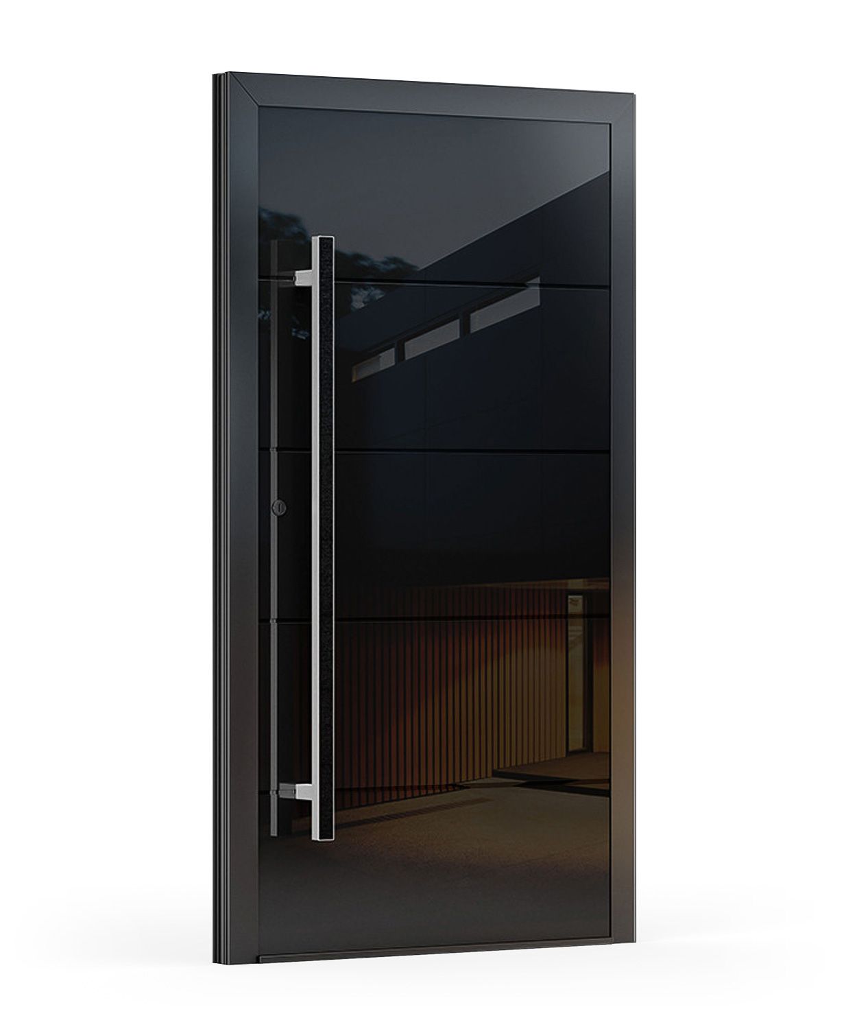 Schwarze moderne Haustür mit langem silbernen Griff.