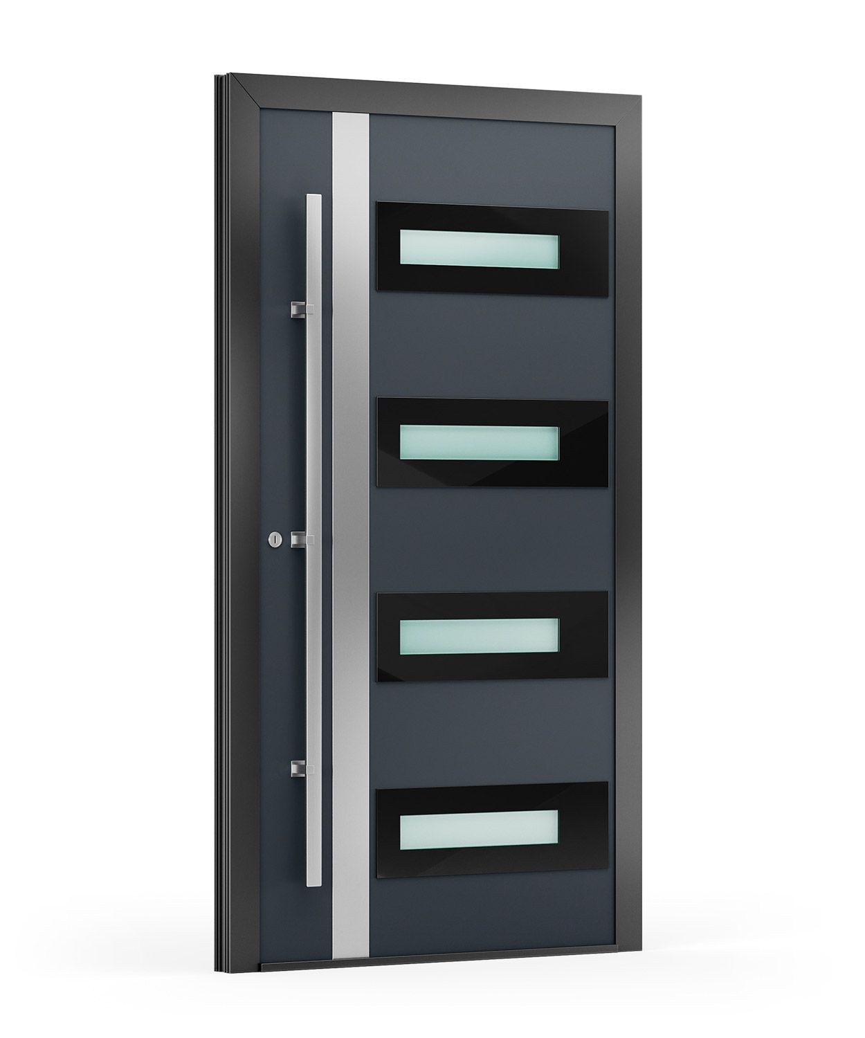 Moderne graue Tür mit vier Milchglasplatten und vertikalem silbernen Griff.