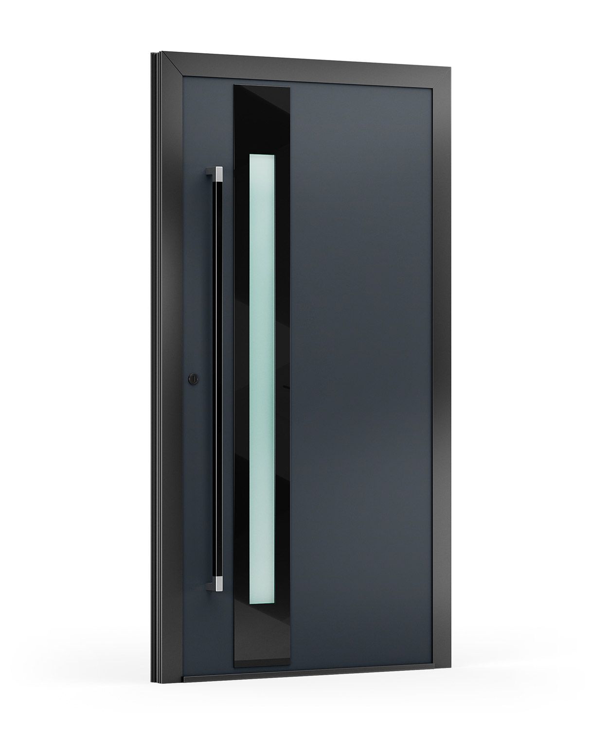 Dunkelgraue, moderne Haustür mit vertikaler Glasplatte und langem Griff.