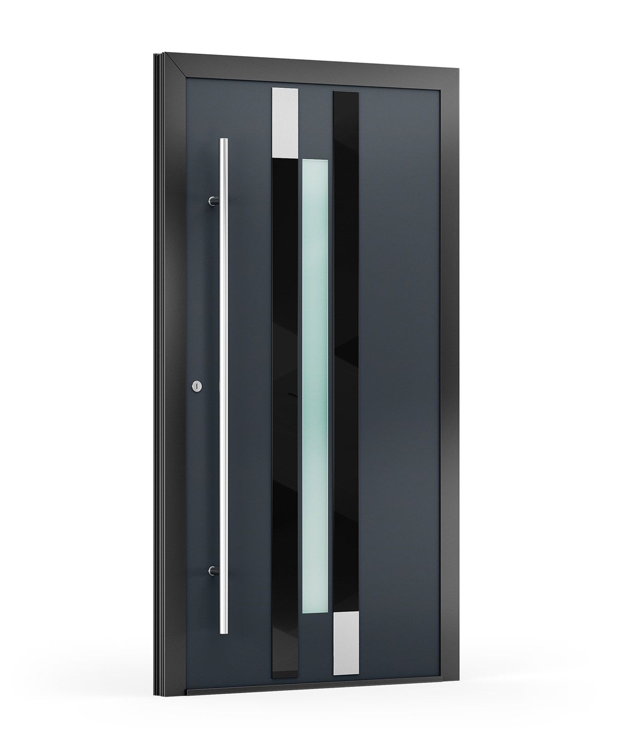 Dunkelgraue, moderne Haustür mit vertikaler Milchglasscheibe und silbernem Griff.