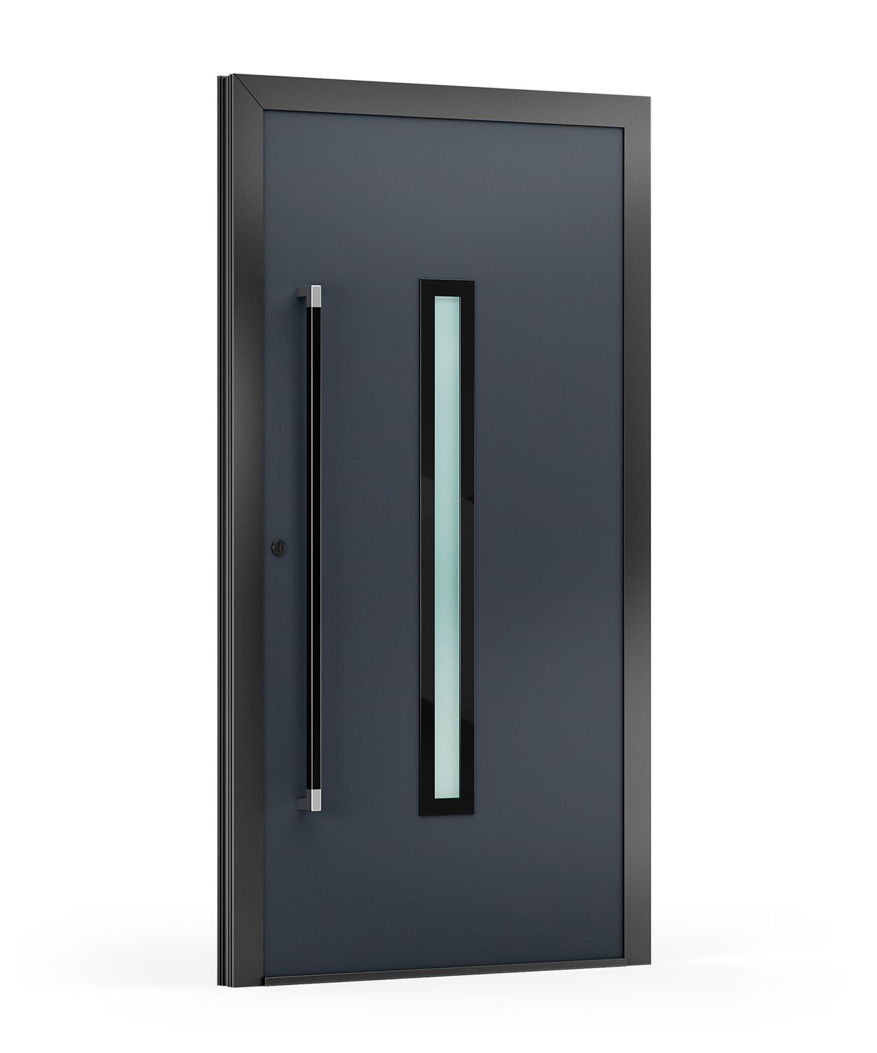 Dunkelgraue, moderne Haustür mit langem, vertikalem Fenster und Griff.