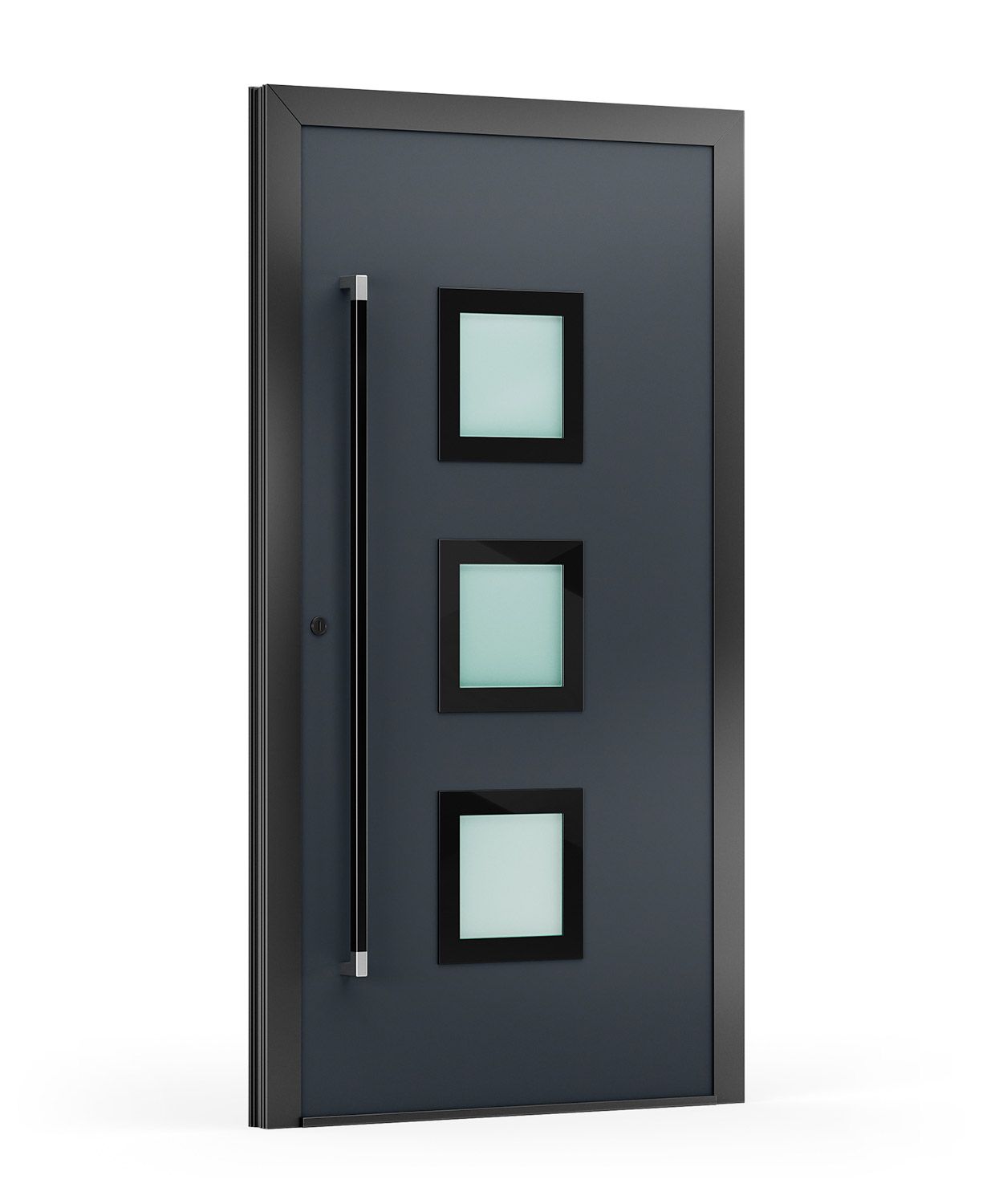 Dunkelgraue moderne Haustür mit drei quadratischen Glasscheiben und einem schwarzen Griff.