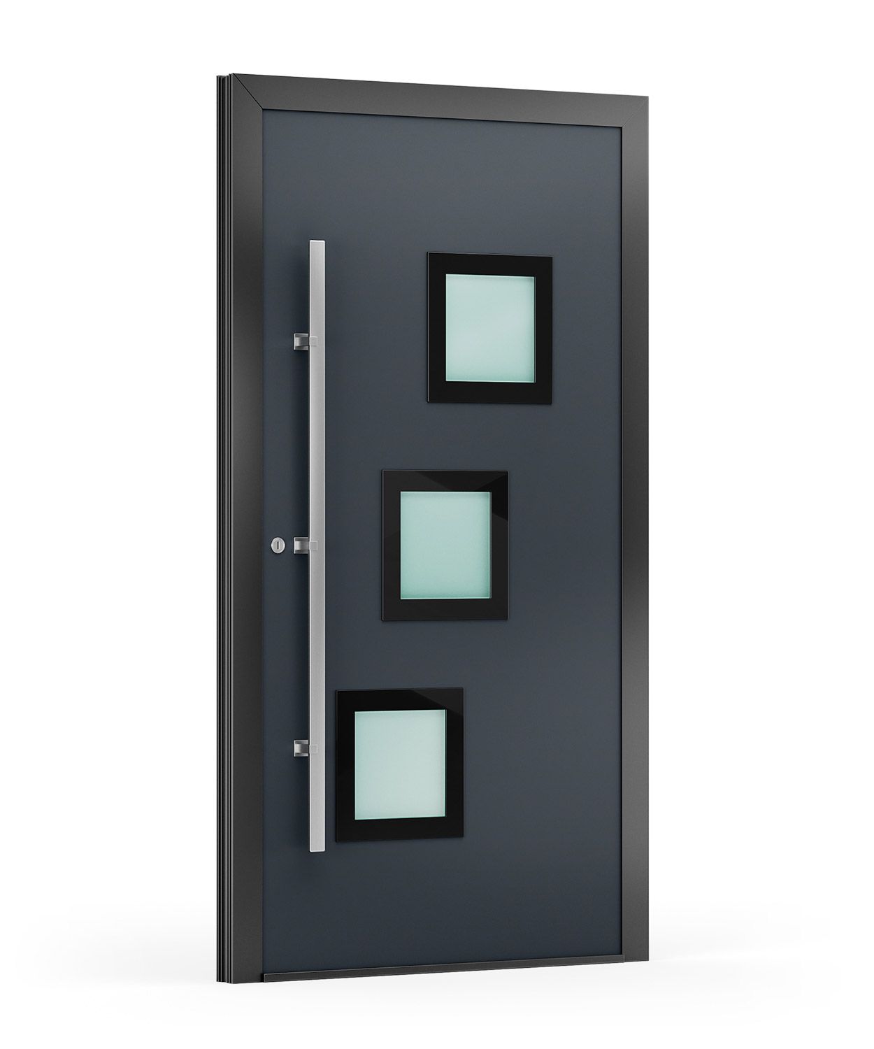 Graue, moderne Haustür mit drei mattierten quadratischen Fenstern und einem vertikalen Griff.