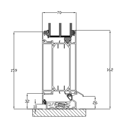Querschnittsdiagramm eines Fensterrahmens mit in Millimetern angegebenen Abmessungen, das eine Seitenansicht zeigt.