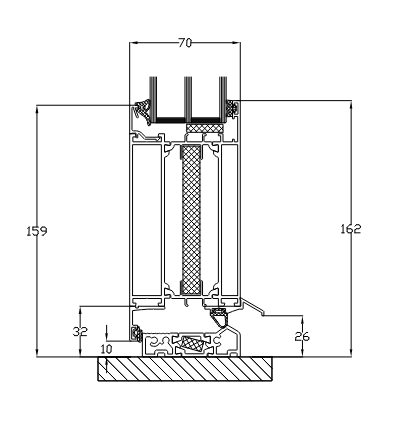 Querschnittsdiagramm eines Fensterrahmens mit Maßangaben in Millimetern.