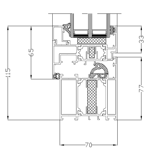 Querschnittszeichnung eines Fensterrahmens mit den Abmessungen in Millimetern: 115 x 70 x 77 x 65 x 33.