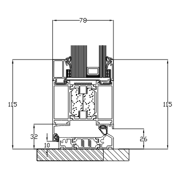 Querschnittsdiagramm eines Fensterrahmens mit beschrifteten Abmessungen in Millimetern.