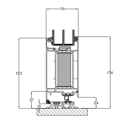 Technische Querschnittszeichnung eines Fensterrahmens mit Abmessungen. Zeigt die innere Struktur, Maße und Komponenten des Fensters.