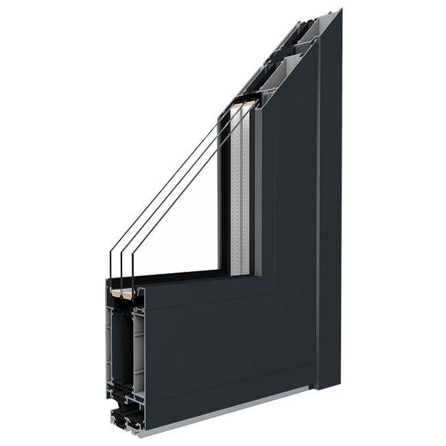 Querschnitt eines dunkelgrauen Fensterrahmens mit Glasscheiben und Innenkomponenten.