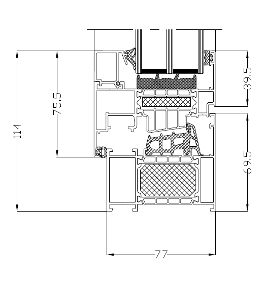 Technische Querschnittszeichnung eines Fensterrahmens mit den Abmessungen 77 mm Breite und 114 mm Höhe.