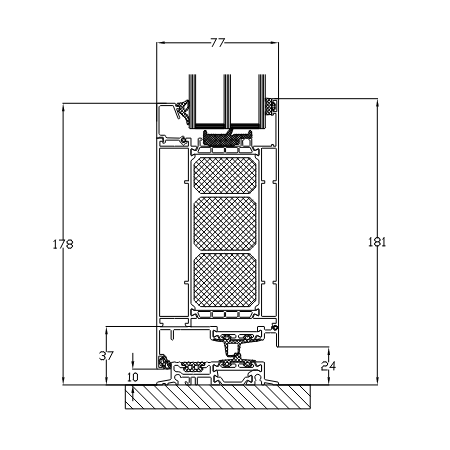 Querschnittsdiagramm eines Fensterrahmens mit Abmessungen in Millimetern.
