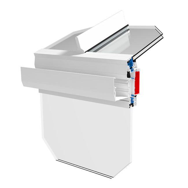 Weißes Fensterrahmenprofil, Querschnittsansicht. Zeigt das Fenster und den Öffnungsmechanismus.