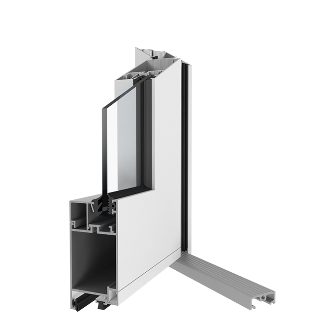 Querschnitt eines weißen Aluminium-Fensterrahmens mit Glasplatte und dunklen Dichtungen, der Konstruktionsdetails zeigt.
