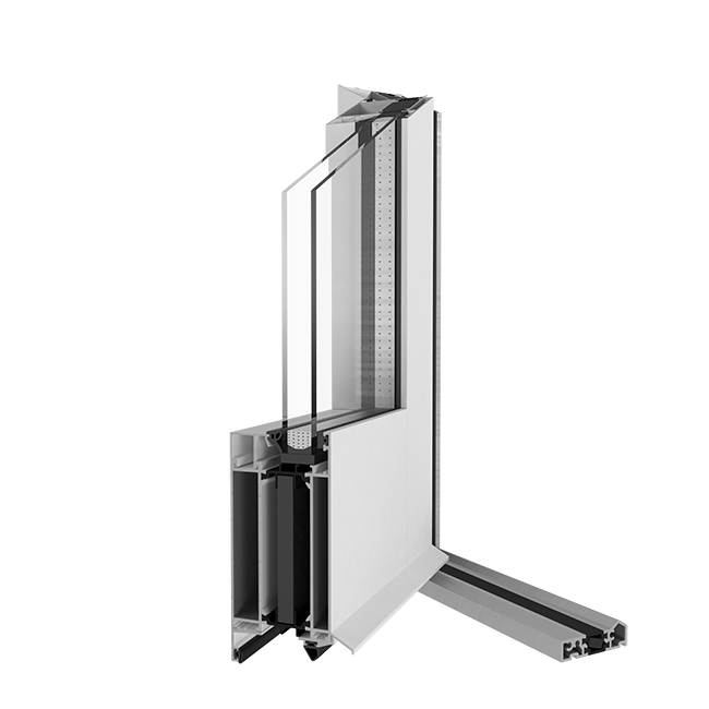 Schnittansicht eines Aluminium-Fensterrahmens mit drei Glasscheiben.