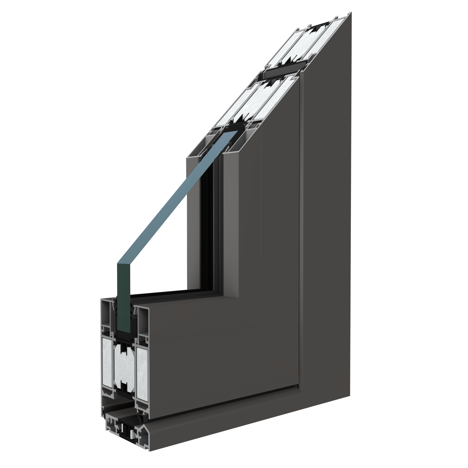 Querschnitt eines dunkel gefärbten Fensterrahmens mit Glasscheiben und Innenkomponenten.