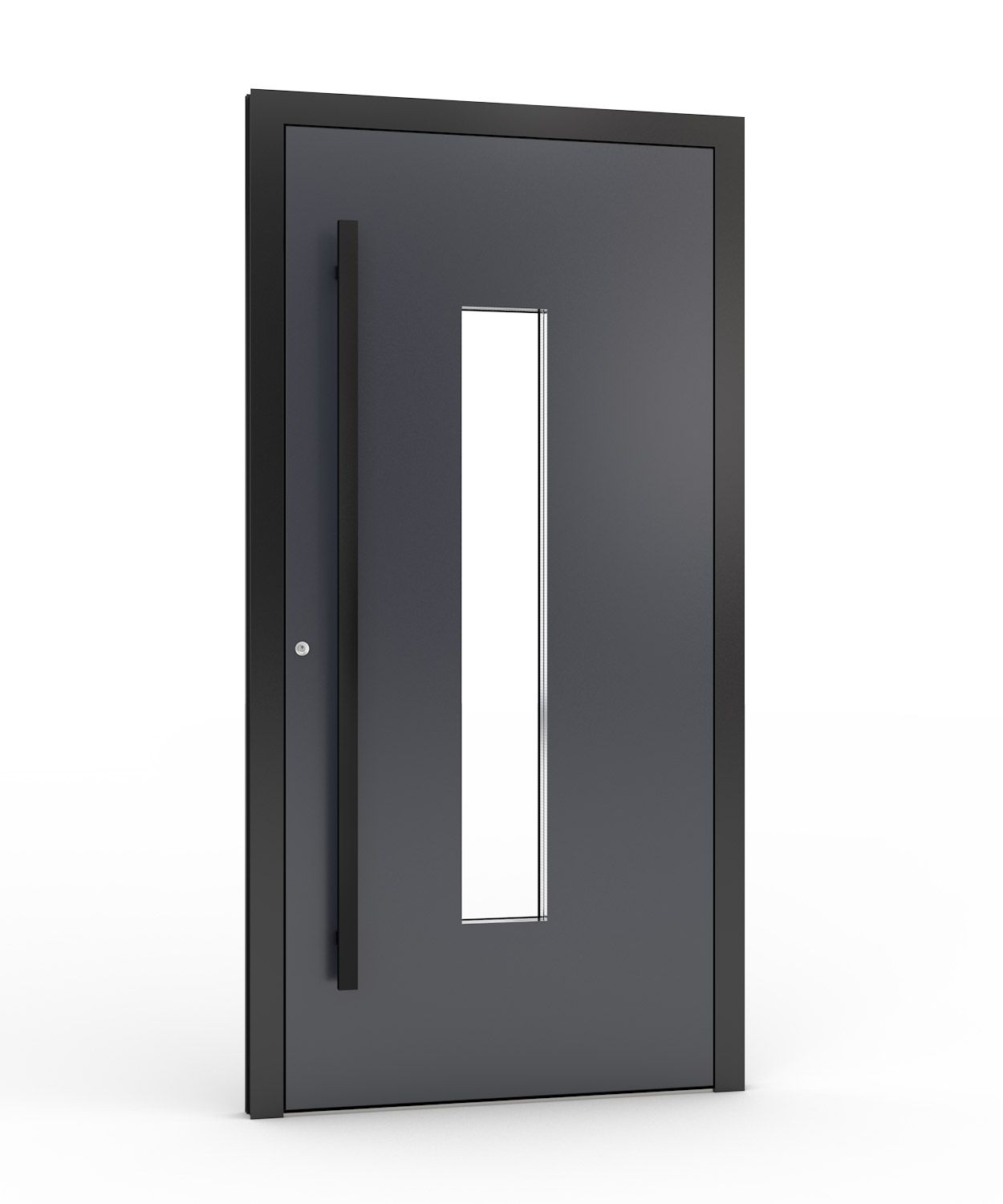 Moderne graue Haustür mit vertikalem Fenster und schwarzem Griff.