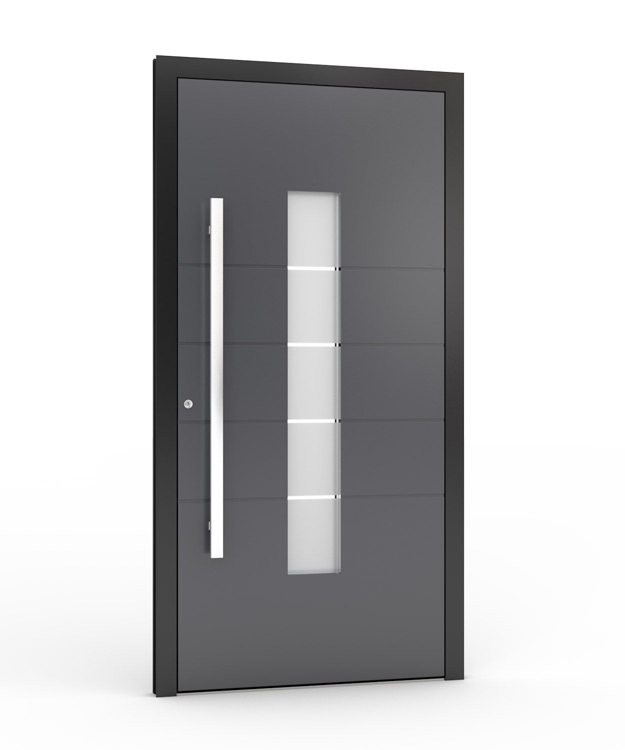 Dunkelgraue, moderne Haustür mit langem, vertikalem Griff und rechteckigen, mattierten Fensterpaneelen.