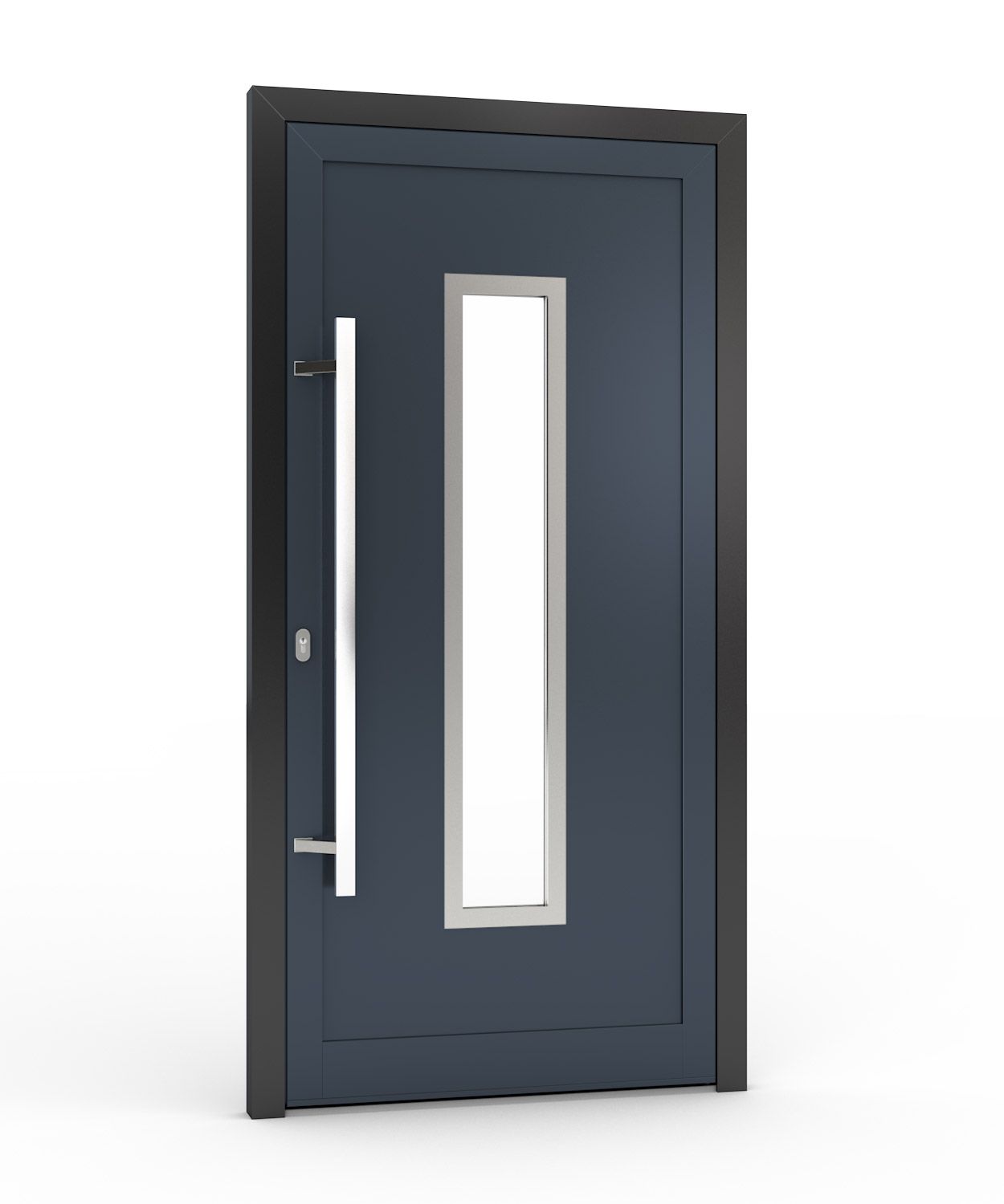Moderne blaue Haustür mit vertikalem Fenster und langem silbernen Griff.