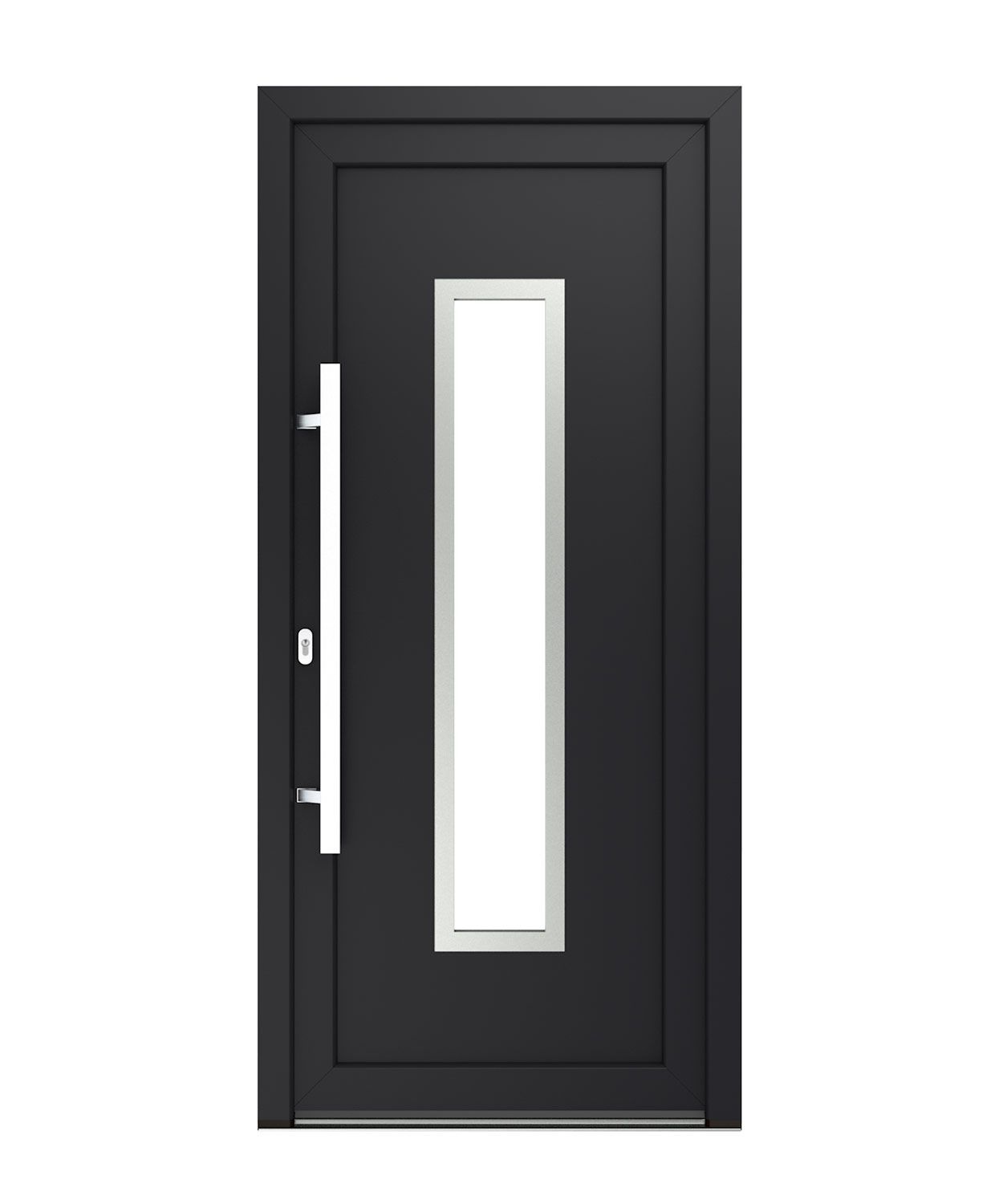 Schwarze Außentür mit langem, rechteckigem Fenster und silbernem Griff.