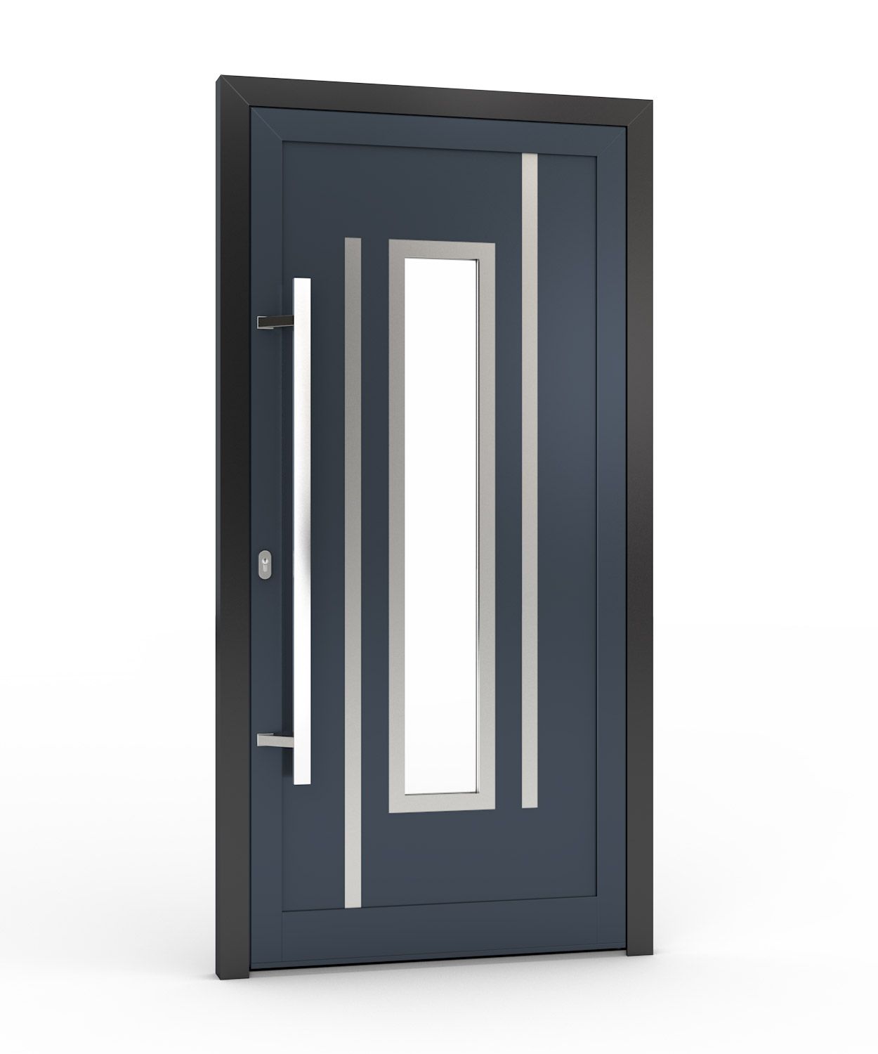 Dunkelblaue, moderne Eingangstür mit vertikalem Fenster und langem silbernen Griff.