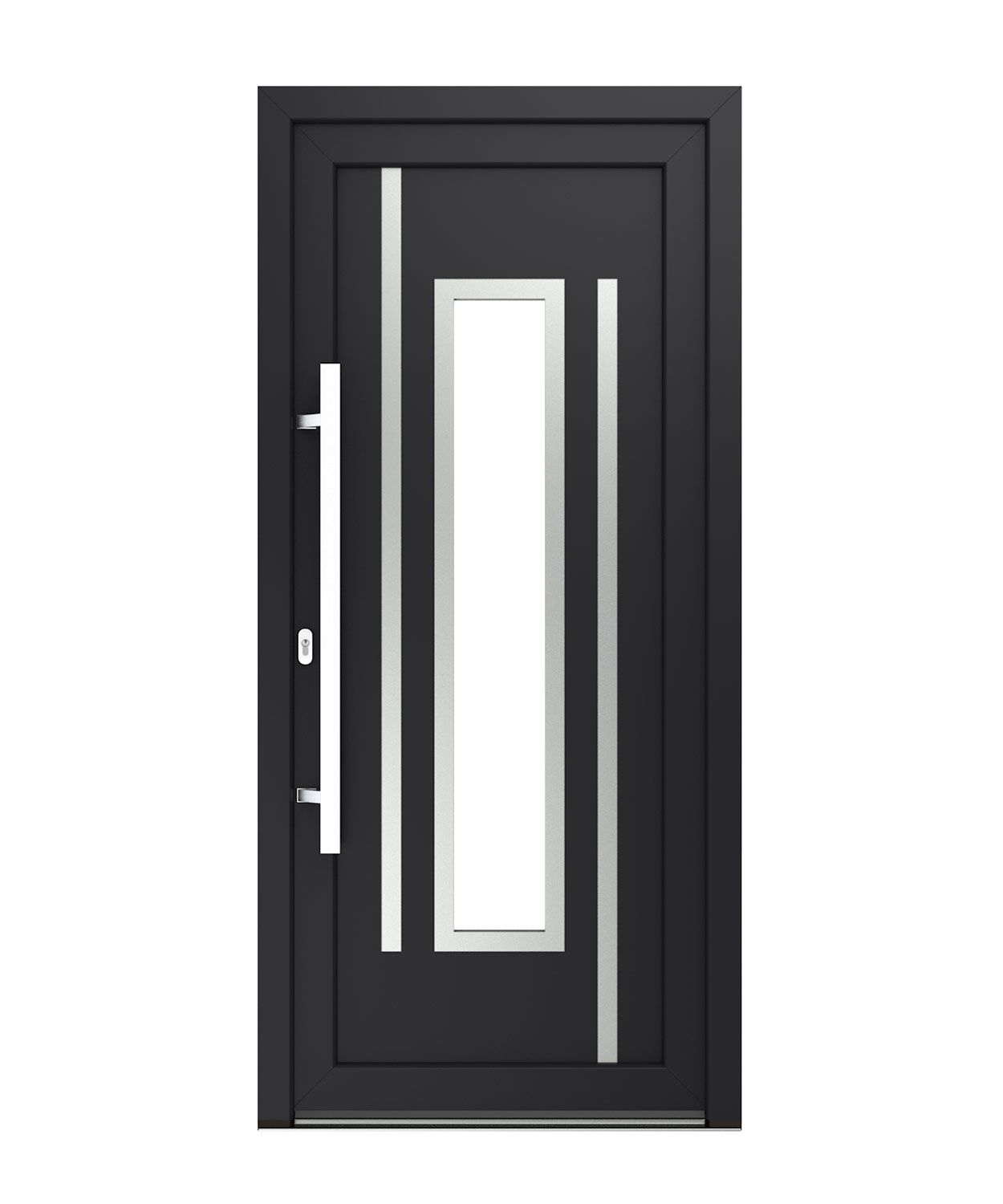 Schwarze Vordertür mit vertikaler Glasplatte und silbernen Akzenten.