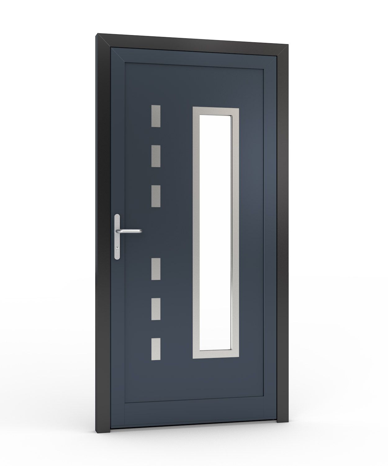 Dunkelblaue Haustür mit rechteckigem Fenster und silbernem Griff.