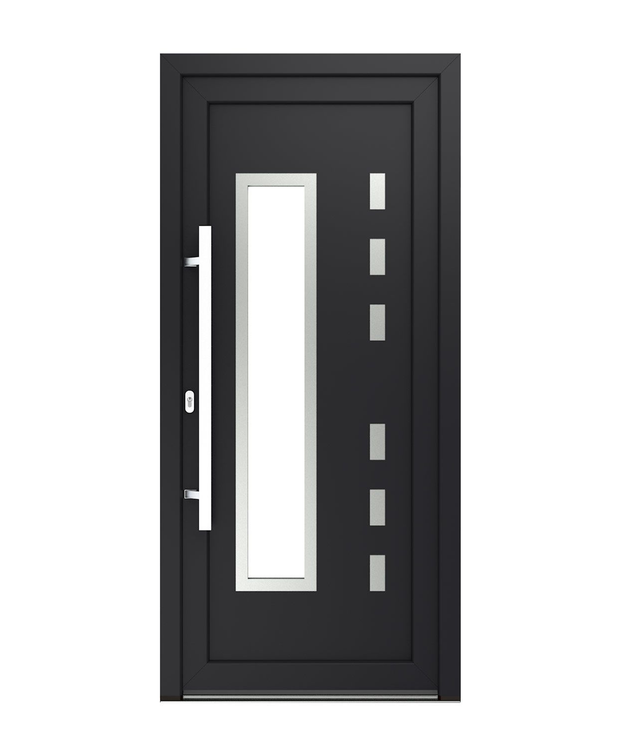 Schwarze Haustür mit langer Glasplatte und Metallgriff.