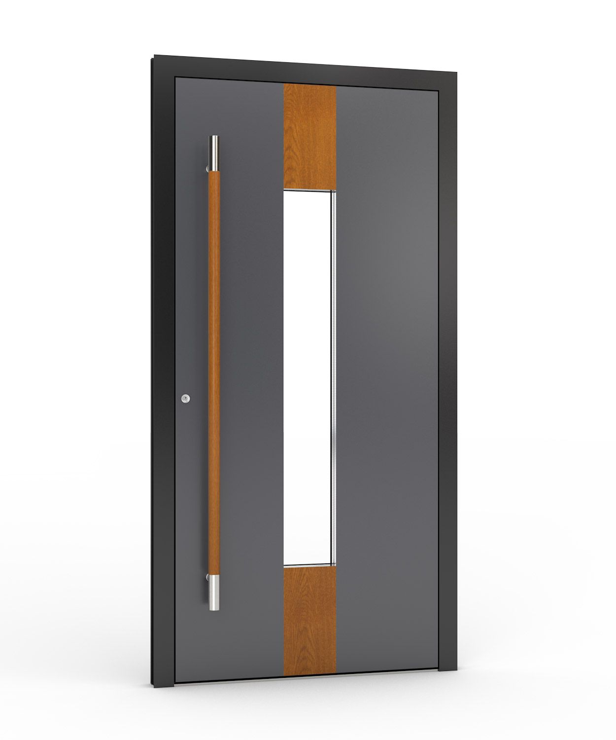 Moderne graue Haustür mit langem vertikalen Fenster und Holzakzenten.