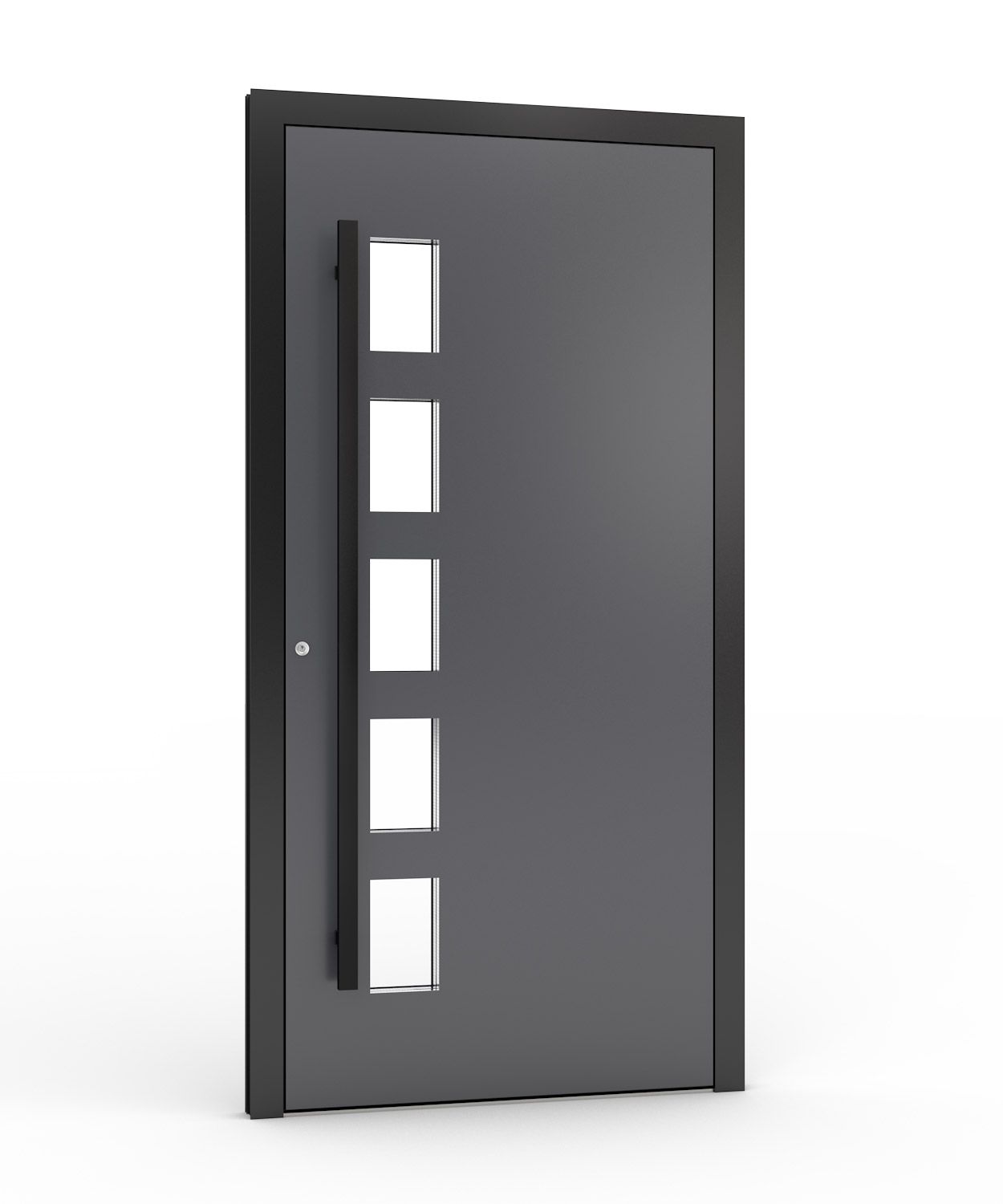 Dunkelgraue, moderne Haustür mit vier vertikalen, rechteckigen Fenstern.