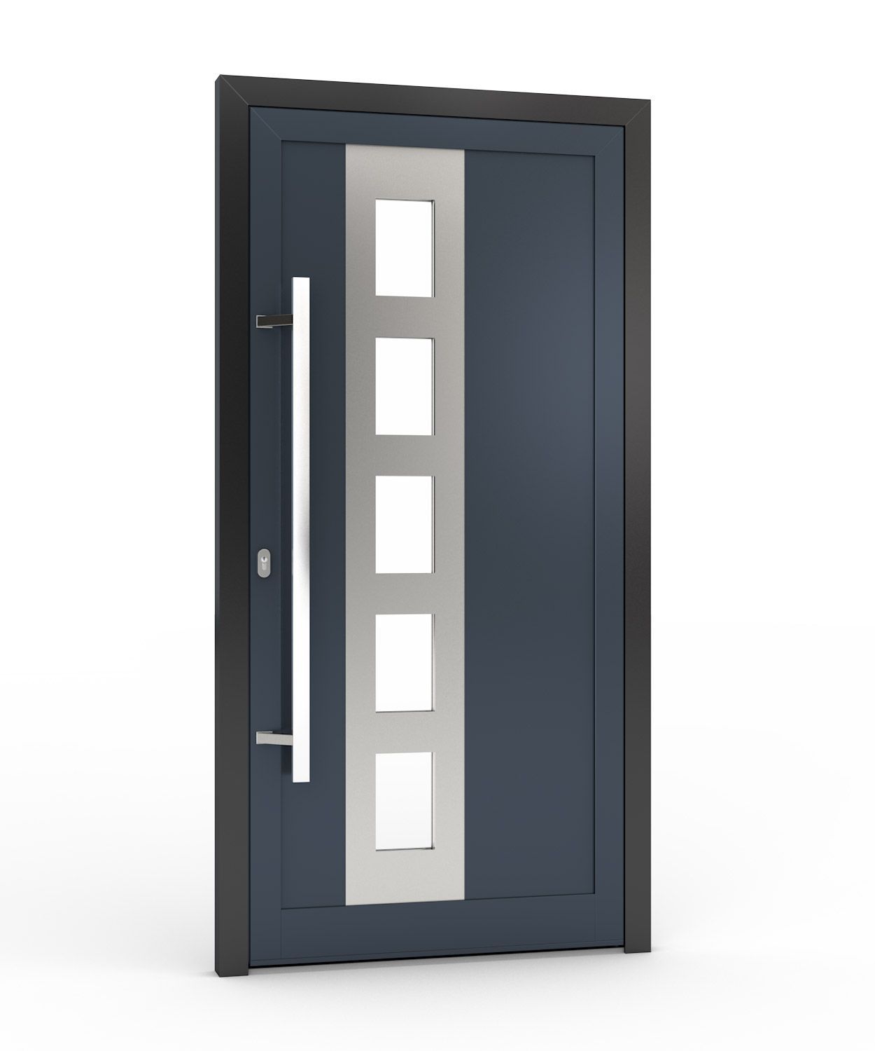 Dunkelblaue, moderne Haustür mit silbernem, rechteckigem Fensterpaneel und langem Griff.