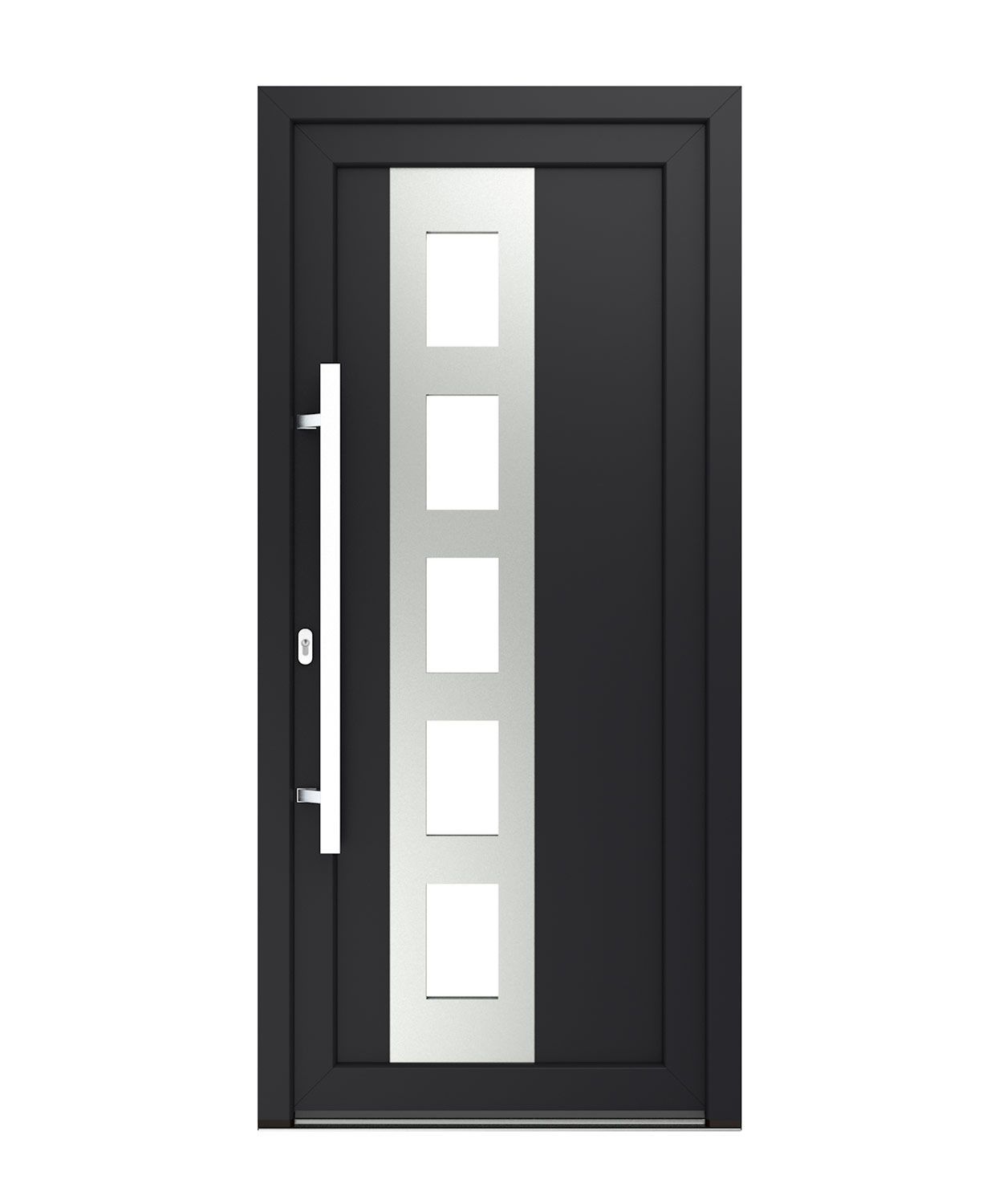 Moderne schwarz-weiße Haustür mit fünf quadratischen Glasplatten und langem silbernen Griff.