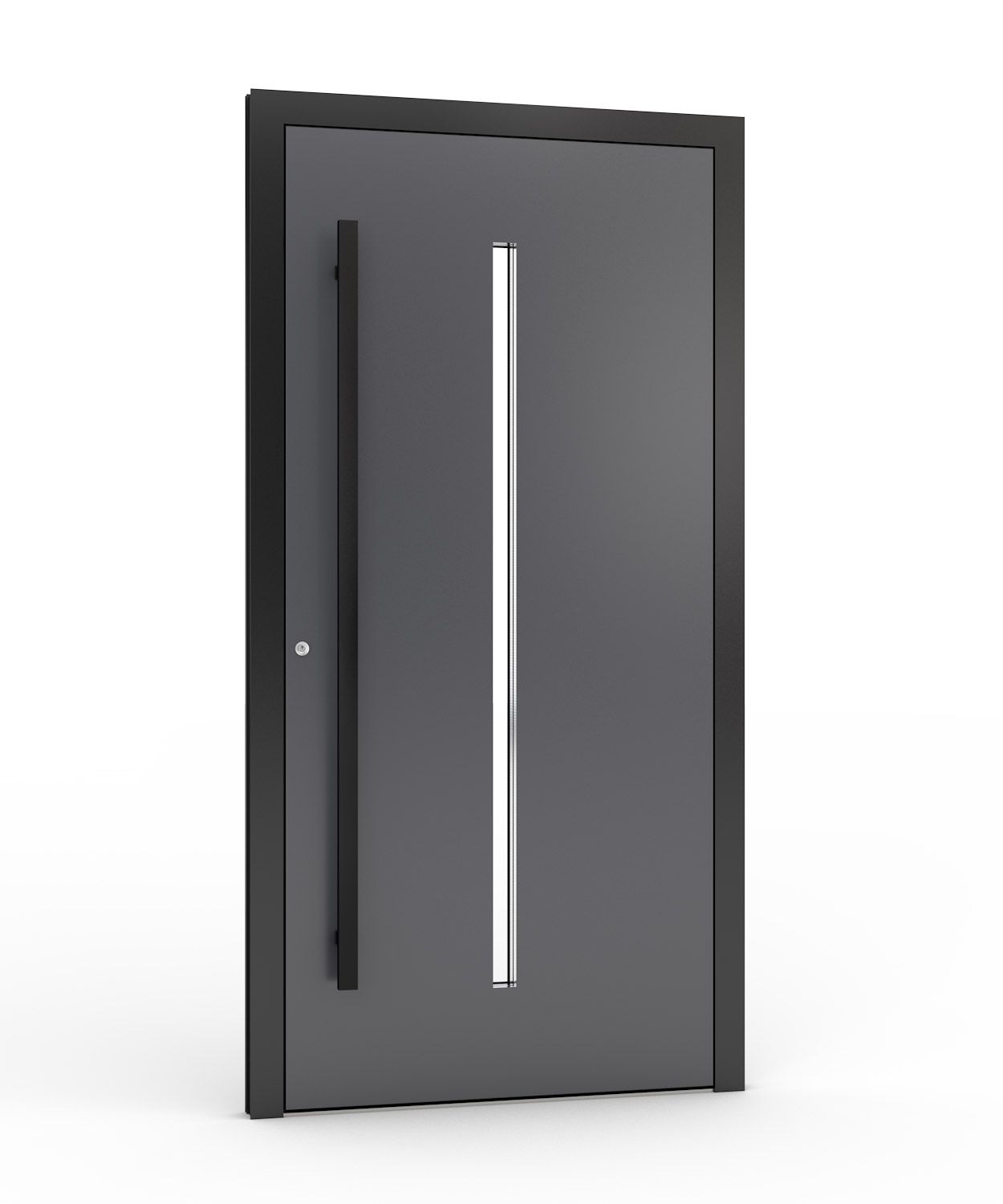 Graue moderne Tür mit schwarzem Rahmen und vertikalem silbernen Akzent. Schwarzer Griff links.