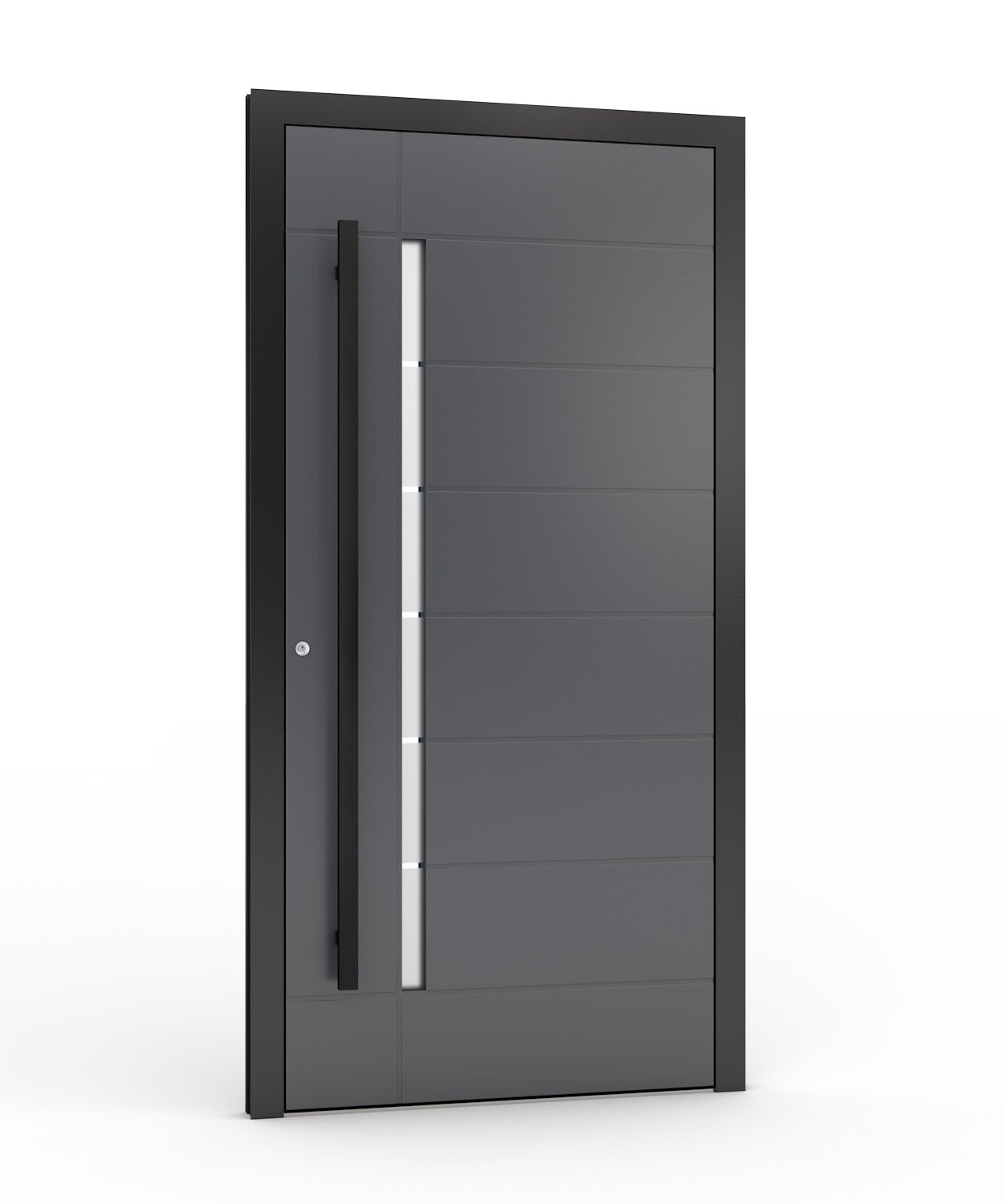 Graue moderne Haustür mit horizontalen Linien und einem langen schwarzen Griff, vertikales Fenster.