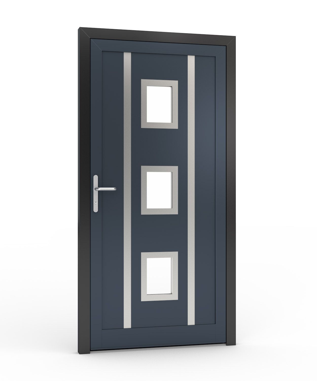 Blaue Haustür mit drei quadratischen Fenstern und silbernen Akzenten, eingefasst in einen dunkelgrauen Rahmen.