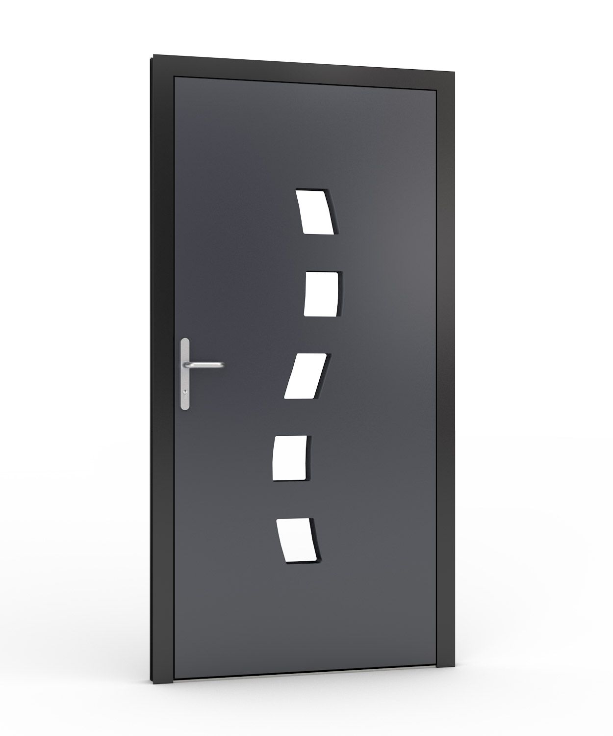Graue Haustür im modernen Design mit Griff und vier gebogenen Fensterausschnitten.