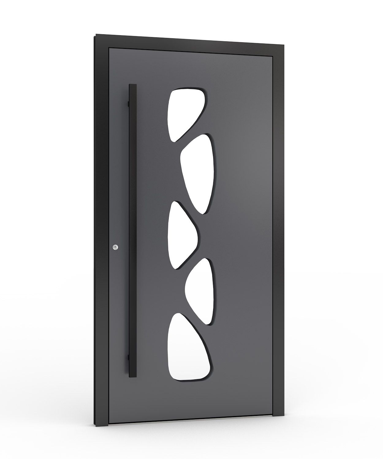 Moderne graue Haustür mit organisch geformten Glasausschnitten und langem vertikalen Griff.