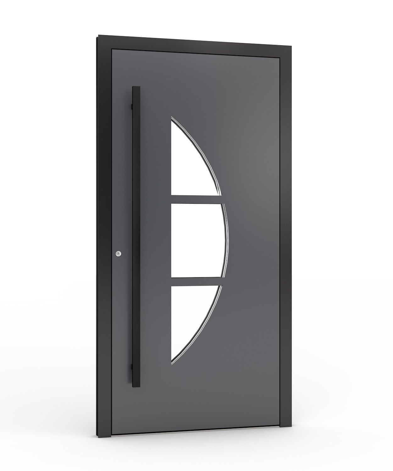 Graue moderne Haustür mit ovalem Fenster und langem schwarzen Griff.