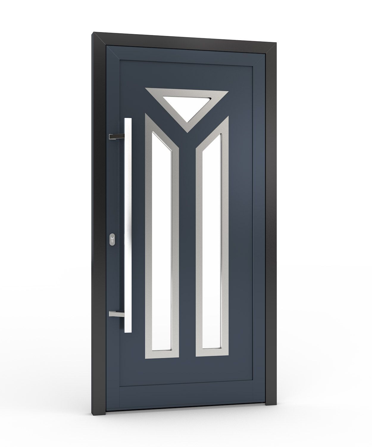 Dunkelblaue Haustür mit geometrischen Glasscheiben und langem silbernen Griff.