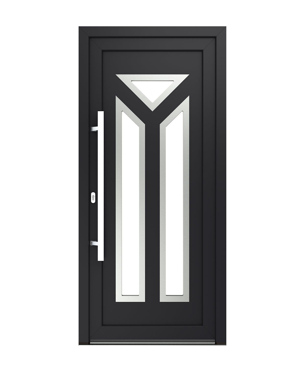 Schwarze Haustür mit vertikalen weißen Glaspaneelen und einem dreieckigen Fenster.