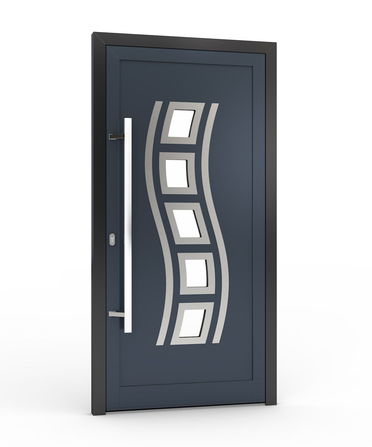 Dunkelblaue Vordertür mit silbernem Wellendesign und vertikalem Stangengriff.
