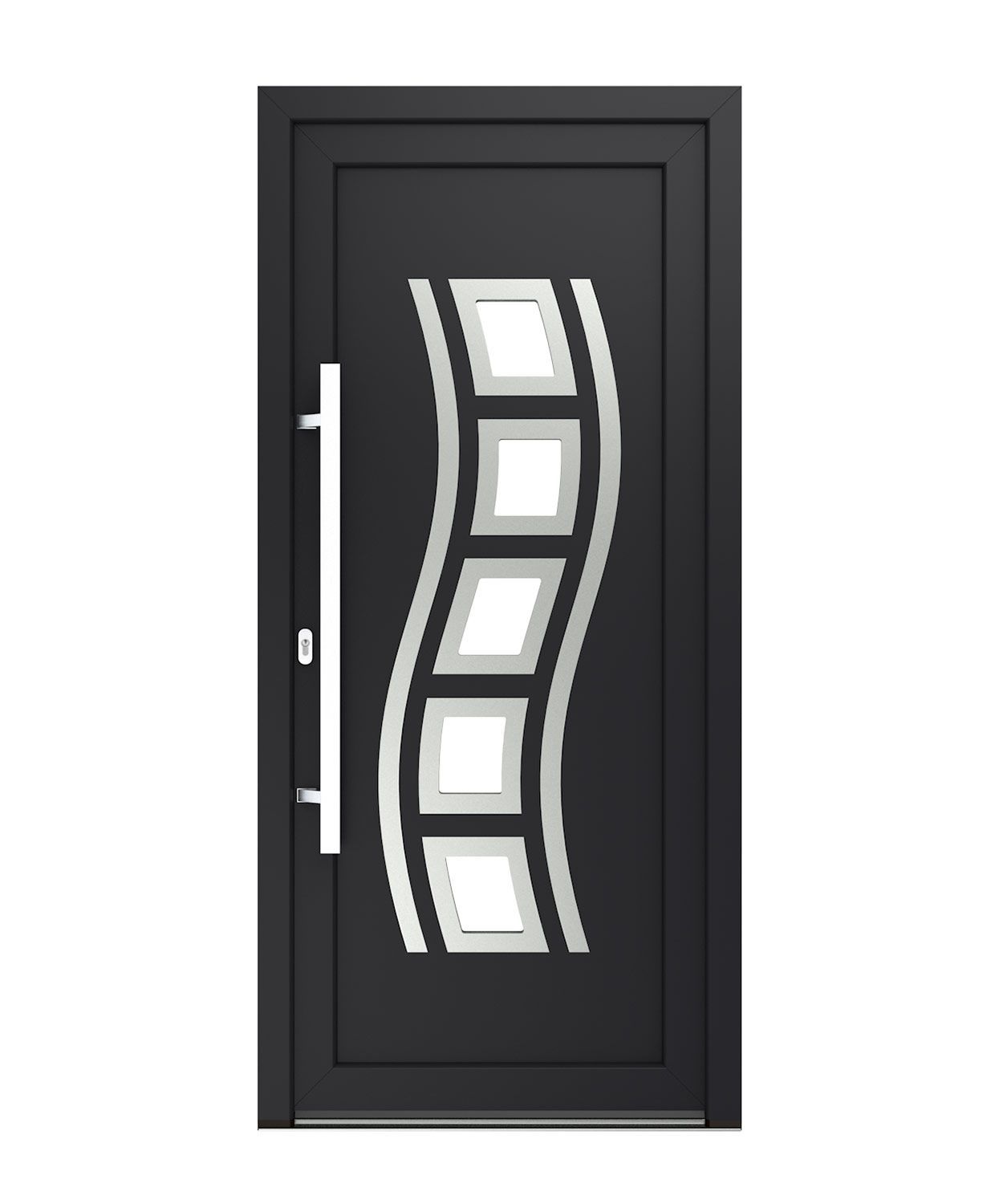 Schwarze Haustür mit wellenförmigen Fensterscheiben; silberner Griff.