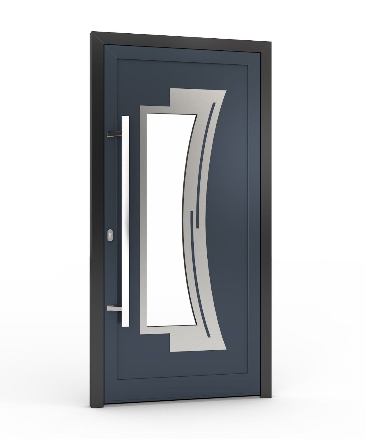 Dunkelblaue, moderne Haustür mit silbernen Akzenten und einem langen Griff.