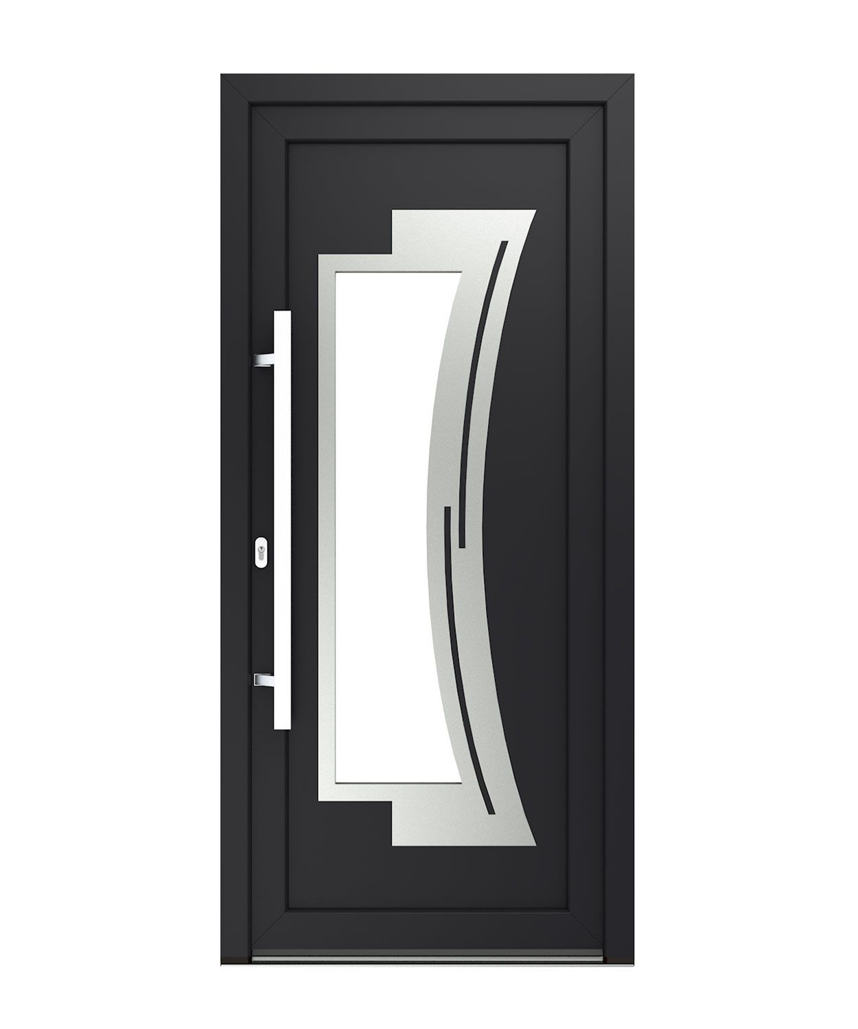 Schwarze Haustür mit großem rechteckigem Fenster und silbernem geschwungenem Design sowie silbernem Griff.