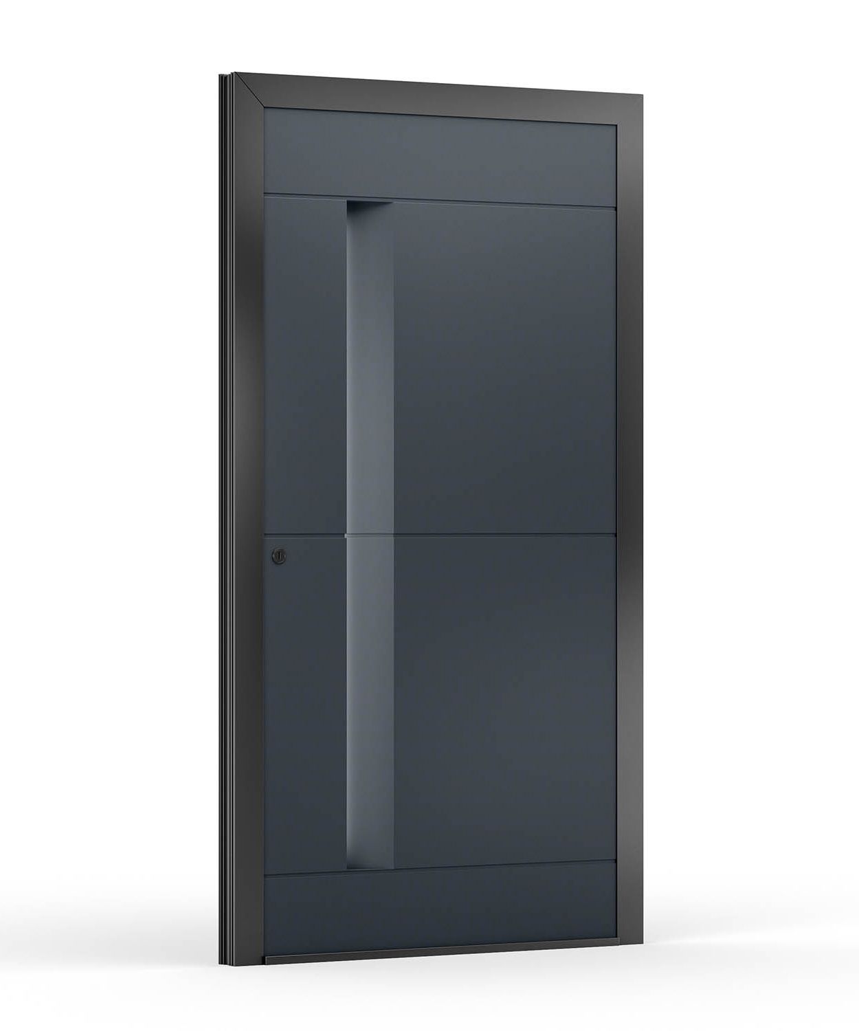 Graue moderne Tür mit hohem, integriertem Griff und dunkelgrauem Rahmen.